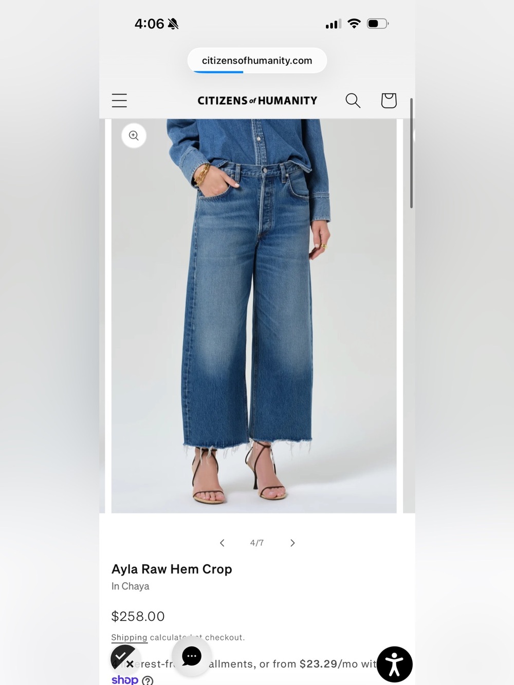 Citizens of Humanity Ayla Raw Hem Crop Jeans Sz 25